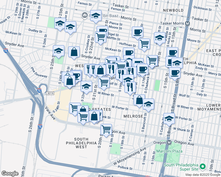 map of restaurants, bars, coffee shops, grocery stores, and more near 1950 Durfor Street in Philadelphia