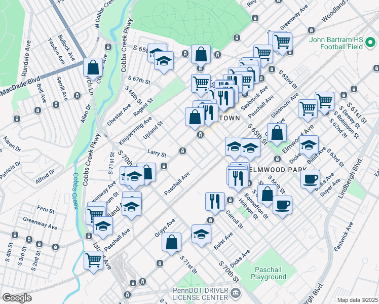 map of restaurants, bars, coffee shops, grocery stores, and more near 2211 South 68th Street in Philadelphia