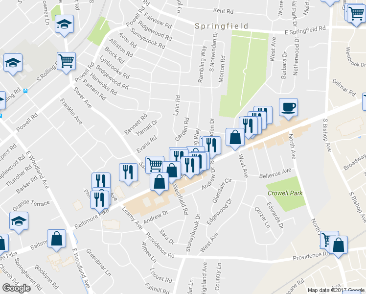 map of restaurants, bars, coffee shops, grocery stores, and more near 417 Garden Road in Springfield