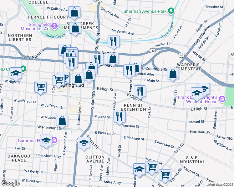 map of restaurants, bars, coffee shops, grocery stores, and more near 409 East High Street in Springfield