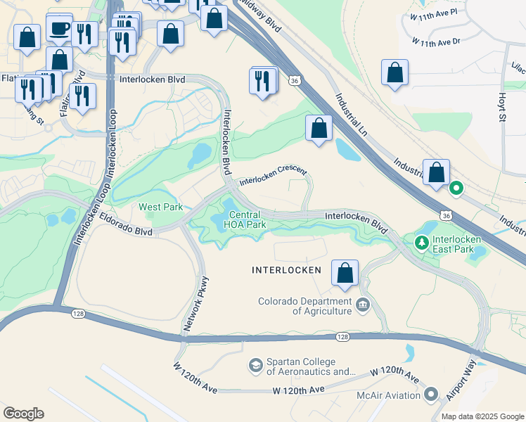 map of restaurants, bars, coffee shops, grocery stores, and more near Interlocken Boulevard in Broomfield