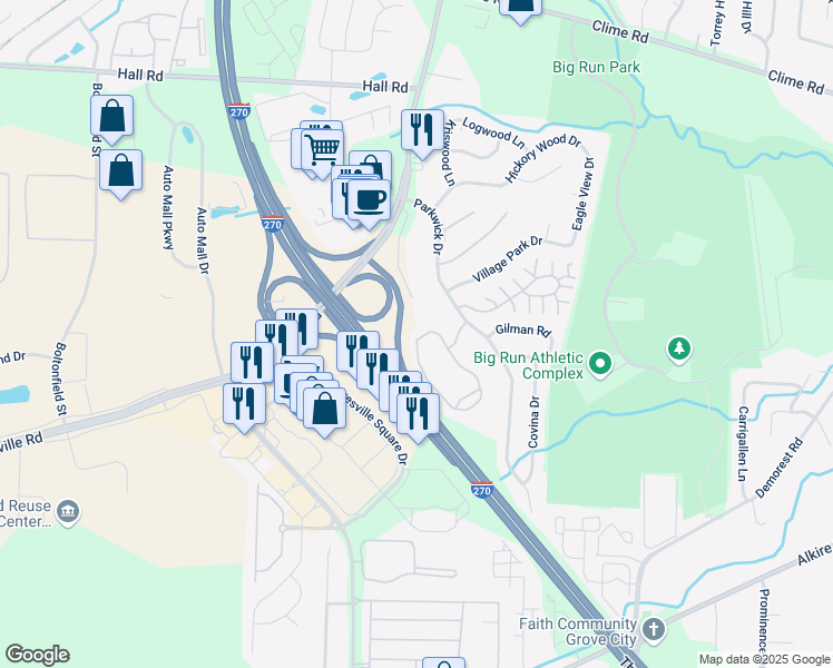 map of restaurants, bars, coffee shops, grocery stores, and more near 1313 Bay Club Circle in Columbus