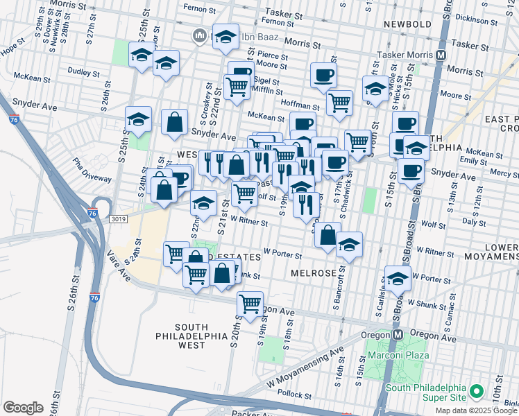 map of restaurants, bars, coffee shops, grocery stores, and more near 1952 Durfor Street in Philadelphia