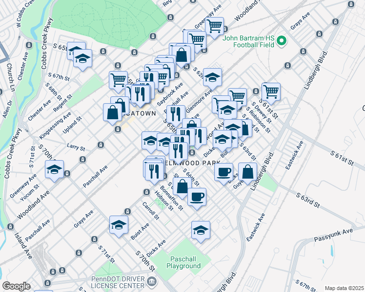 map of restaurants, bars, coffee shops, grocery stores, and more near 6509 Reedland Street in Philadelphia