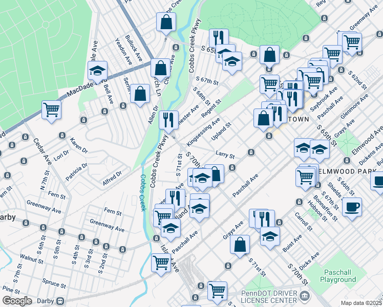 map of restaurants, bars, coffee shops, grocery stores, and more near 2017 South 70th Street in Philadelphia