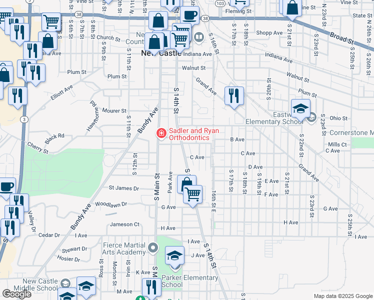 map of restaurants, bars, coffee shops, grocery stores, and more near 930 South 14th Street in New Castle