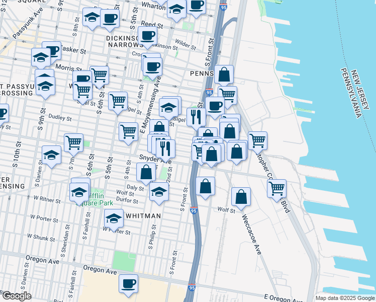 map of restaurants, bars, coffee shops, grocery stores, and more near 109 Emily Street in Philadelphia