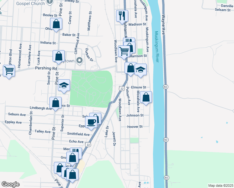 map of restaurants, bars, coffee shops, grocery stores, and more near 1071 Maysville Avenue in Zanesville