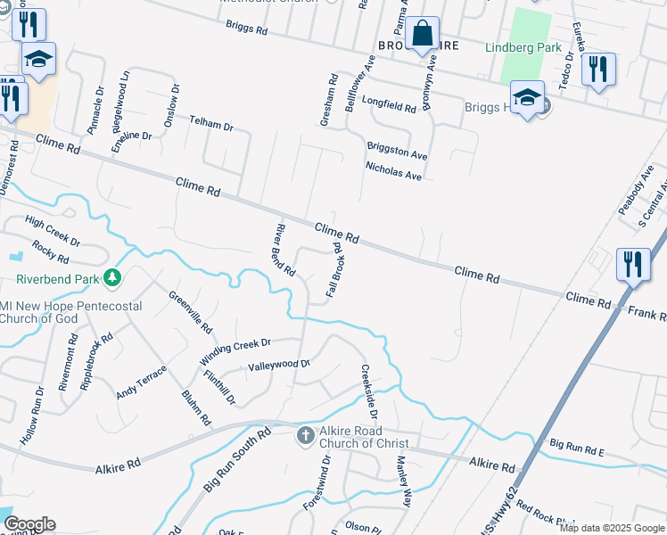 map of restaurants, bars, coffee shops, grocery stores, and more near 1568 Fall Brook Road in Columbus