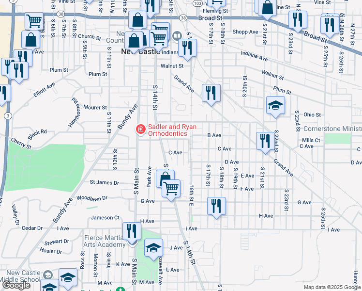 map of restaurants, bars, coffee shops, grocery stores, and more near 930 South 15th Street in New Castle