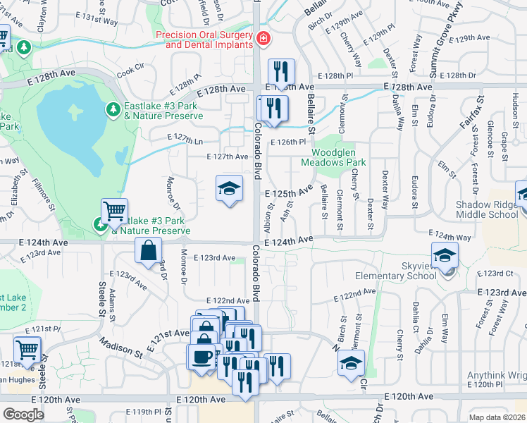 map of restaurants, bars, coffee shops, grocery stores, and more near 12457 Albion Street in Thornton