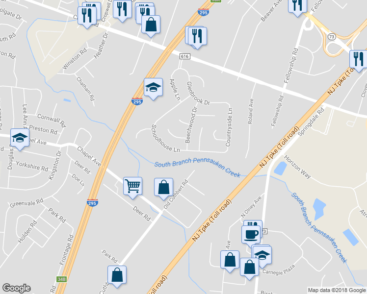 map of restaurants, bars, coffee shops, grocery stores, and more near 152 Schoolhouse Lane in Mount Laurel Township