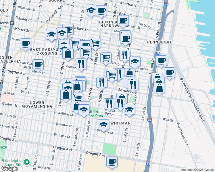 map of restaurants, bars, coffee shops, grocery stores, and more near 433 East Snyder Avenue in Philadelphia