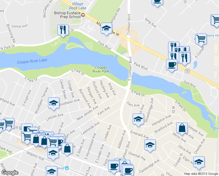 map of restaurants, bars, coffee shops, grocery stores, and more near 207 King Avenue in Collingswood