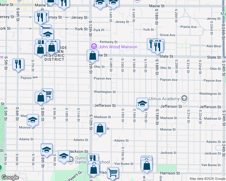 map of restaurants, bars, coffee shops, grocery stores, and more near 741 South 14th Street in Quincy