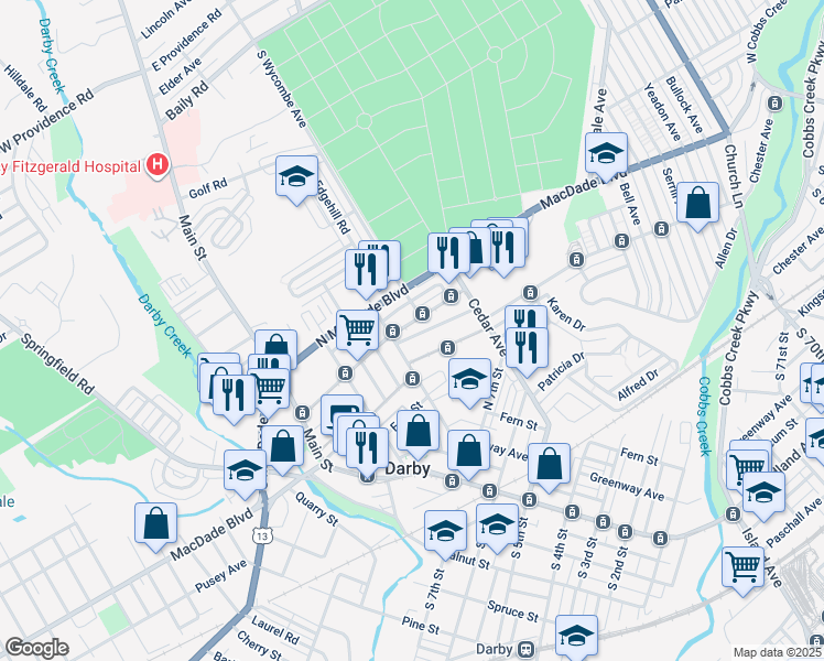map of restaurants, bars, coffee shops, grocery stores, and more near 218 North 10th Street in Darby
