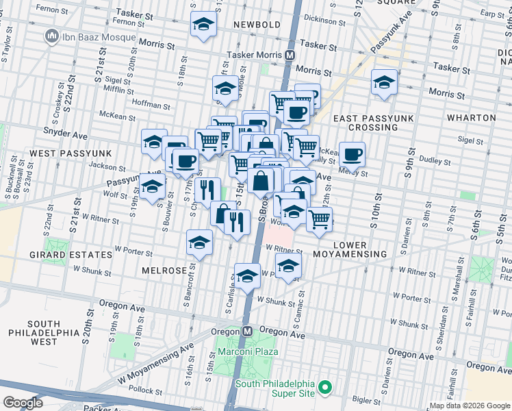 map of restaurants, bars, coffee shops, grocery stores, and more near 2232 South Rosewood Street in Philadelphia