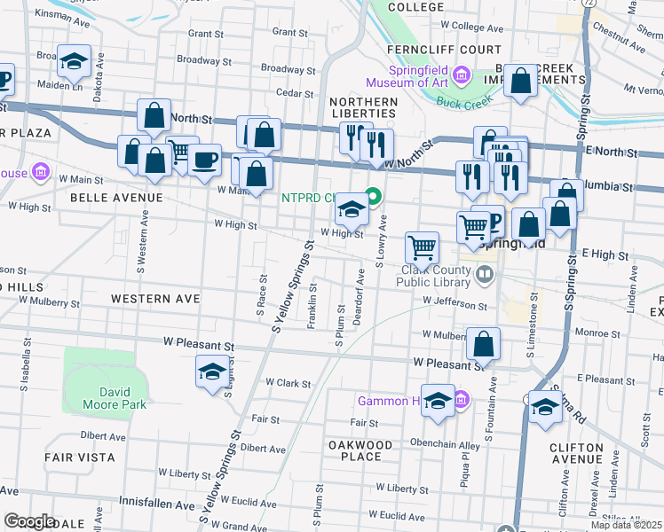 map of restaurants, bars, coffee shops, grocery stores, and more near 413 W Washington St in Springfield
