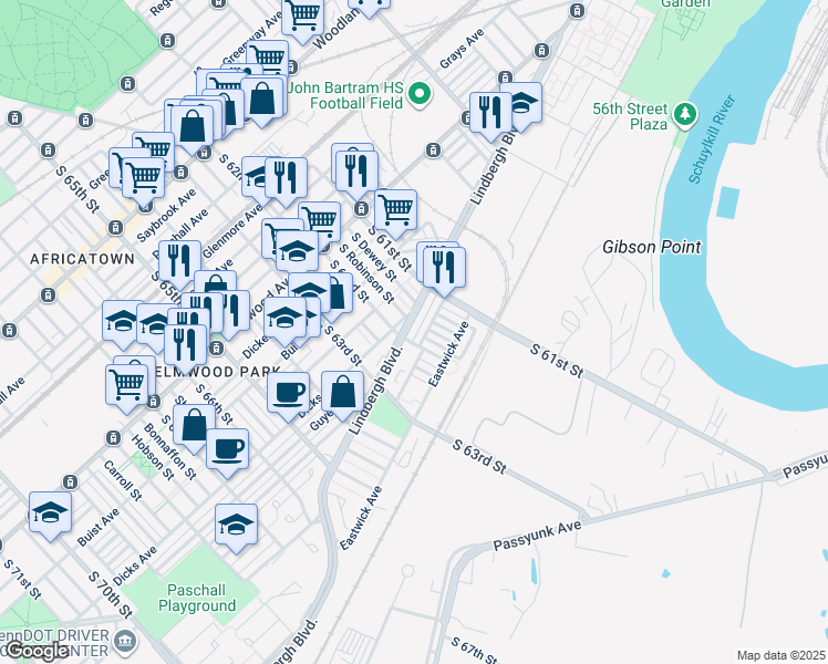 map of restaurants, bars, coffee shops, grocery stores, and more near 6156 Lindbergh Boulevard in Philadelphia