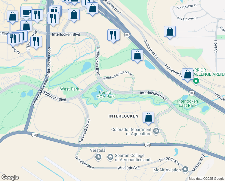 map of restaurants, bars, coffee shops, grocery stores, and more near Interlocken Boulevard in Broomfield