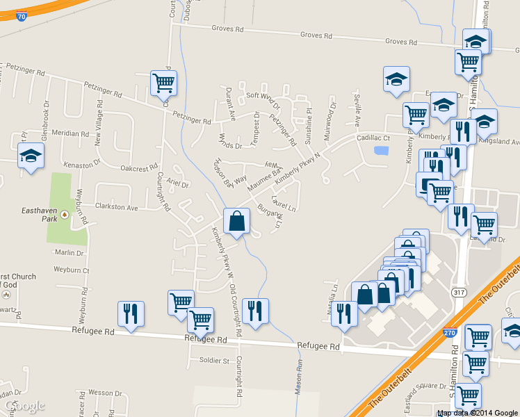 map of restaurants, bars, coffee shops, grocery stores, and more near 2453 Burgandy Lane in Columbus
