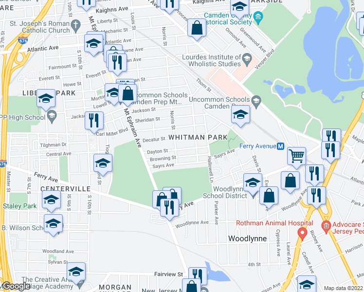 map of restaurants, bars, coffee shops, grocery stores, and more near 1323 Dayton Street in Camden