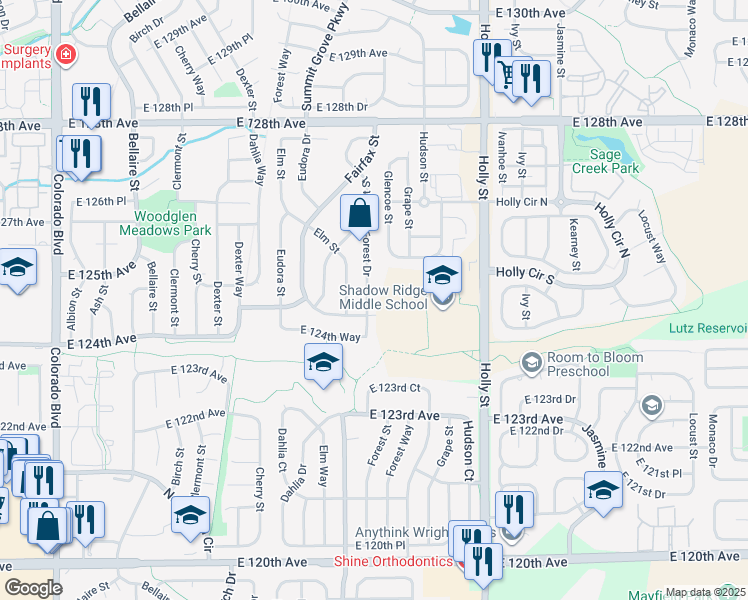 map of restaurants, bars, coffee shops, grocery stores, and more near 12524 Forest Drive in Thornton