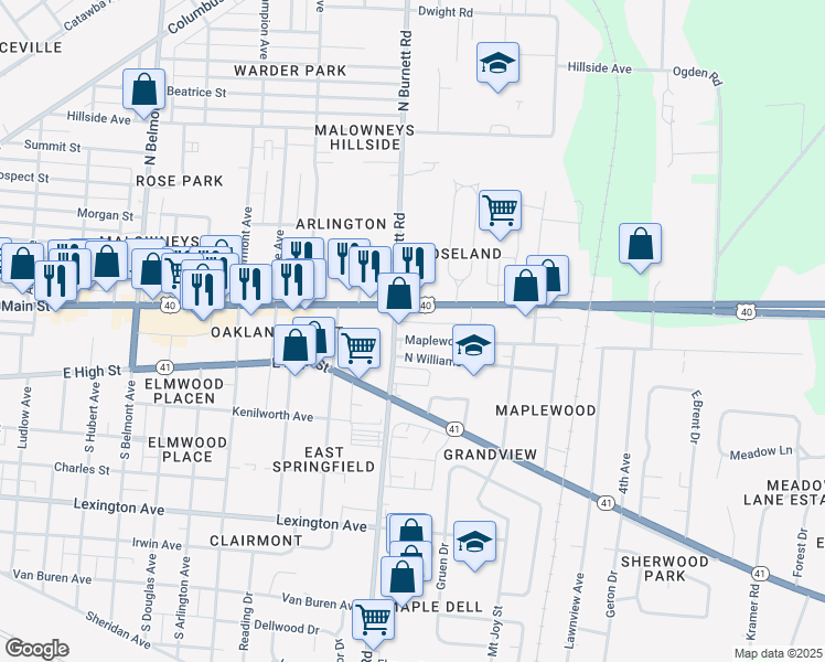 map of restaurants, bars, coffee shops, grocery stores, and more near 2614 Maplewood Ave in Springfield