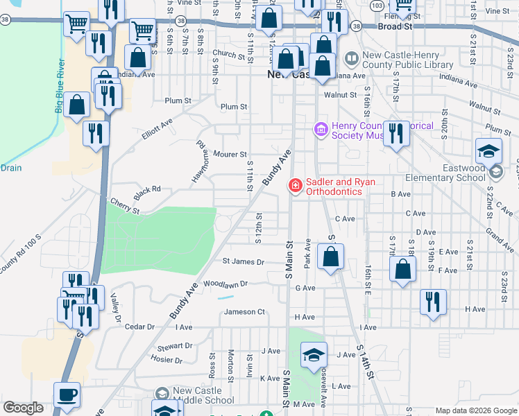 map of restaurants, bars, coffee shops, grocery stores, and more near 1200 Southern Avenue in New Castle