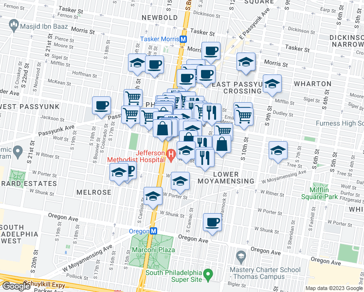 map of restaurants, bars, coffee shops, grocery stores, and more near 2206 South Clarion Street in Philadelphia
