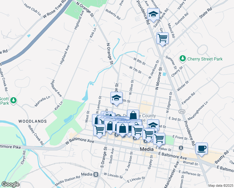 map of restaurants, bars, coffee shops, grocery stores, and more near 419 North Orange Street in Media