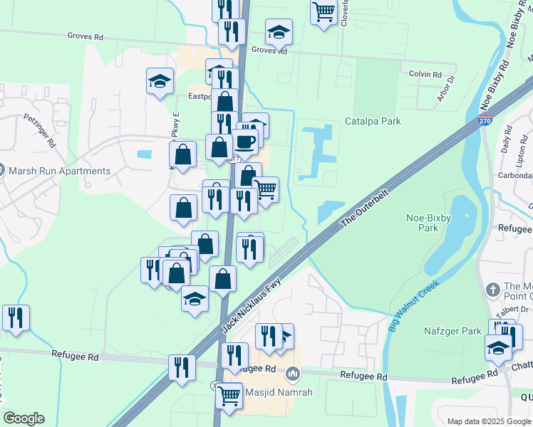 map of restaurants, bars, coffee shops, grocery stores, and more near 2800 South Hamilton Road in Columbus