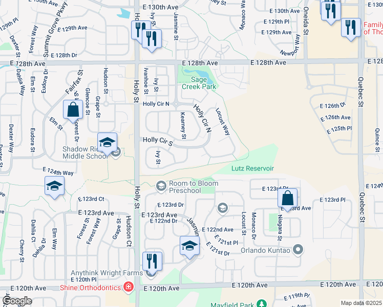 map of restaurants, bars, coffee shops, grocery stores, and more near 12528 Kearney Street in Thornton