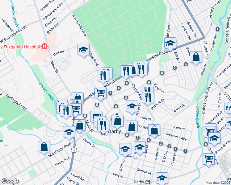 map of restaurants, bars, coffee shops, grocery stores, and more near 218 North 10th Street in Darby