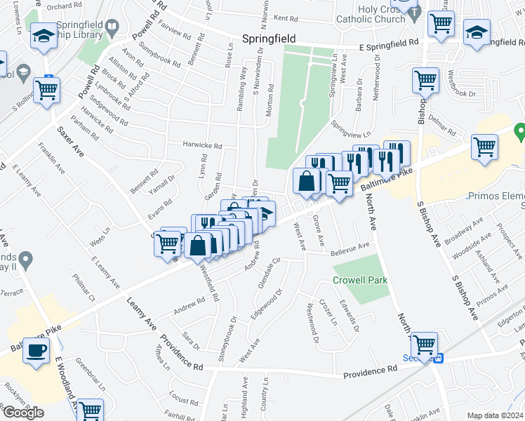 map of restaurants, bars, coffee shops, grocery stores, and more near 327 South Norwinden Drive in Springfield