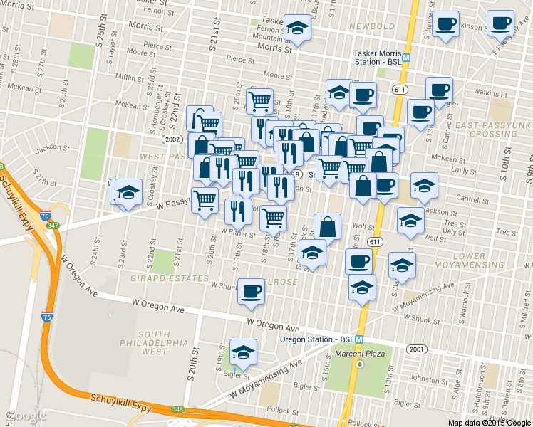 map of restaurants, bars, coffee shops, grocery stores, and more near 2307 South 18th Street in Philadelphia