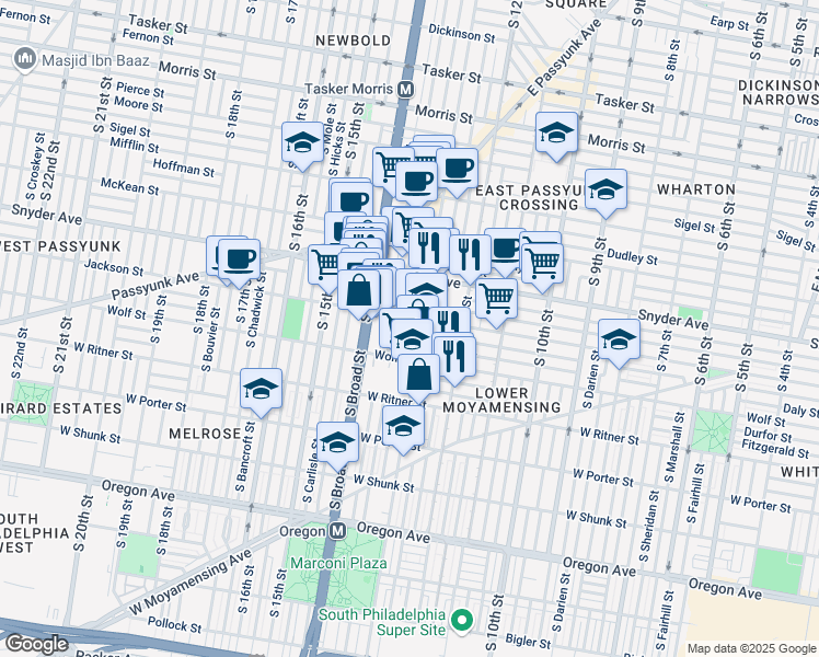 map of restaurants, bars, coffee shops, grocery stores, and more near 2205 South Clarion Street in Philadelphia