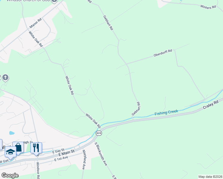 map of restaurants, bars, coffee shops, grocery stores, and more near 1145 White Oak Rd in Windsor
