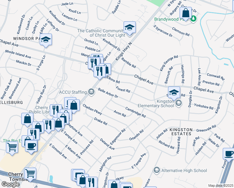 map of restaurants, bars, coffee shops, grocery stores, and more near 123 Belle Arbor Drive in Cherry Hill