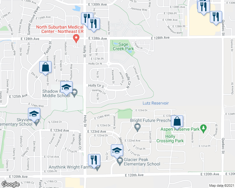 map of restaurants, bars, coffee shops, grocery stores, and more near 12528 Kearney Street in Thornton