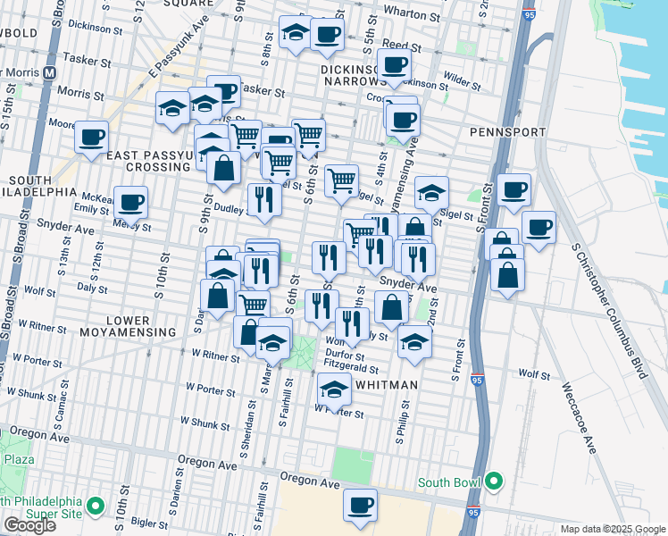 map of restaurants, bars, coffee shops, grocery stores, and more near 2039 South 5th Street in Philadelphia