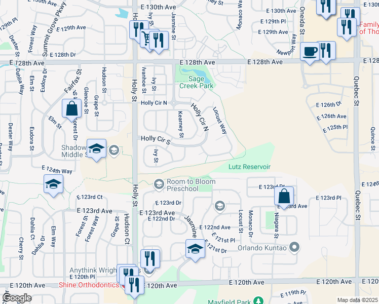 map of restaurants, bars, coffee shops, grocery stores, and more near 12528 Kearney Street in Thornton