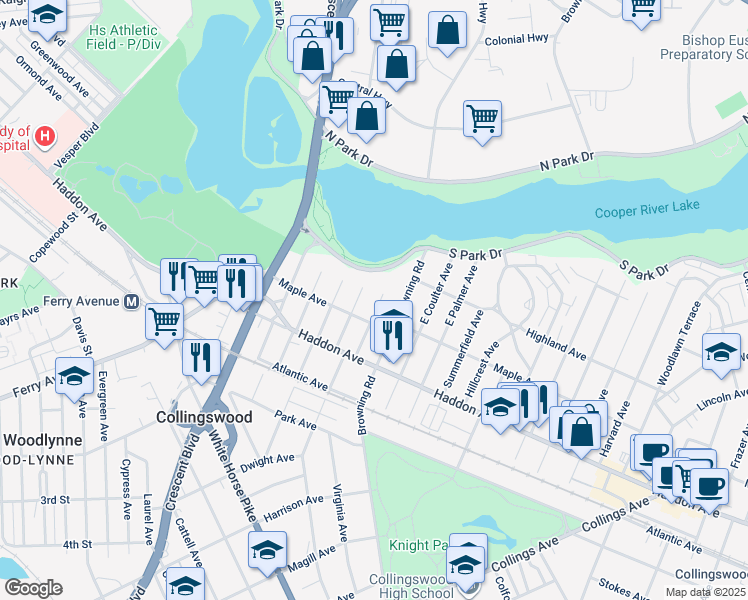 map of restaurants, bars, coffee shops, grocery stores, and more near 124 East Franklin Avenue in Collingswood