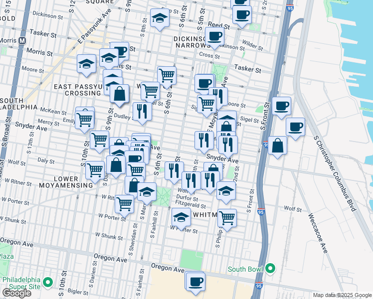 map of restaurants, bars, coffee shops, grocery stores, and more near 433 East Snyder Avenue in Philadelphia