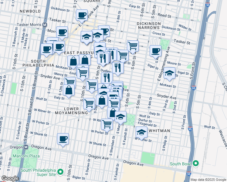 map of restaurants, bars, coffee shops, grocery stores, and more near in Philadelphia