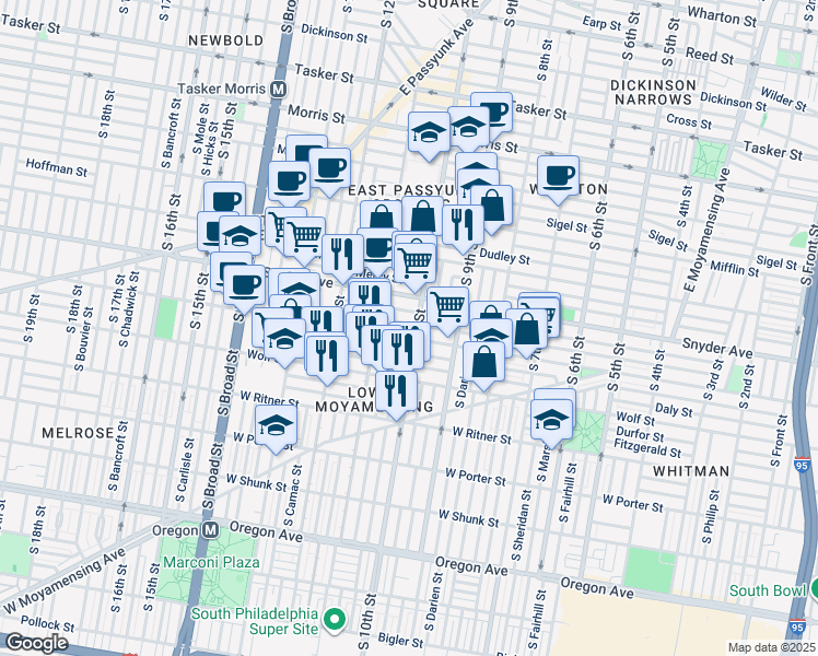 map of restaurants, bars, coffee shops, grocery stores, and more near 1011 Jackson Street in Philadelphia
