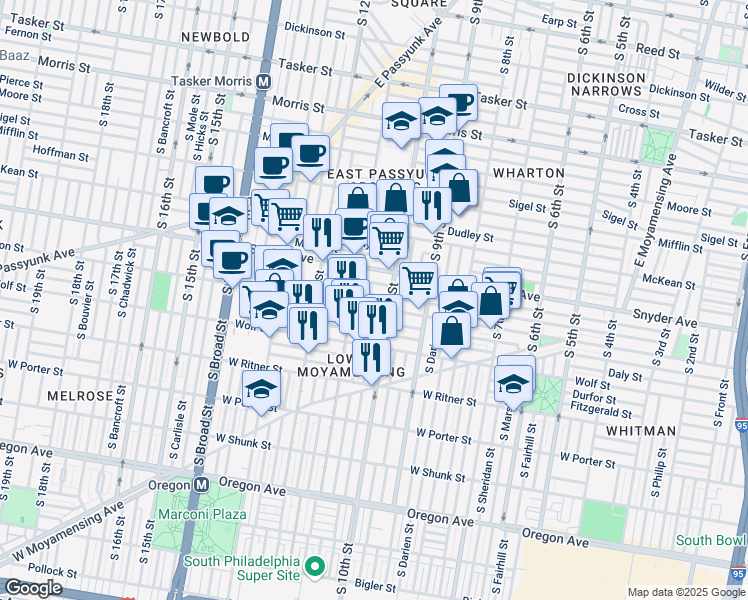 map of restaurants, bars, coffee shops, grocery stores, and more near 1011 Jackson Street in Philadelphia