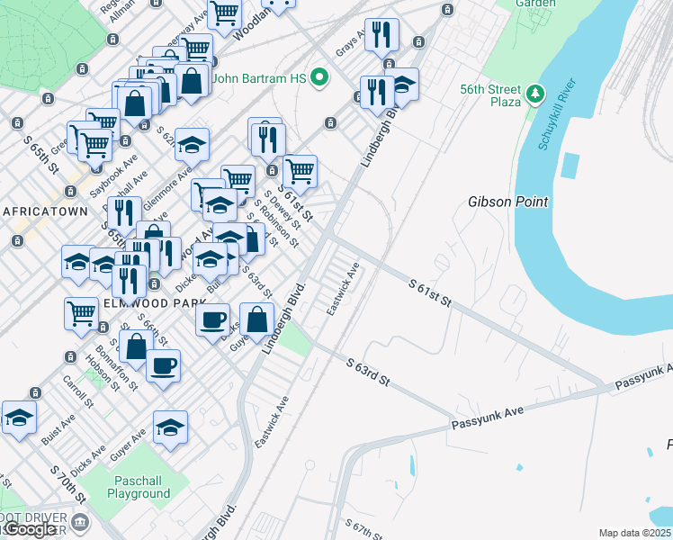 map of restaurants, bars, coffee shops, grocery stores, and more near 2904 South Robinson Street in Philadelphia