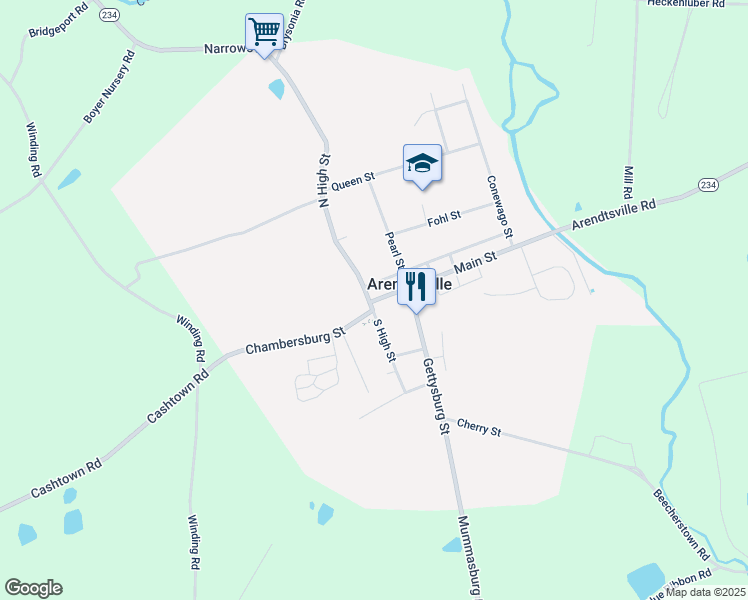 map of restaurants, bars, coffee shops, grocery stores, and more near 17 Main Street in Biglerville