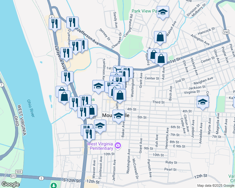 map of restaurants, bars, coffee shops, grocery stores, and more near 259 Jefferson Ave in Moundsville